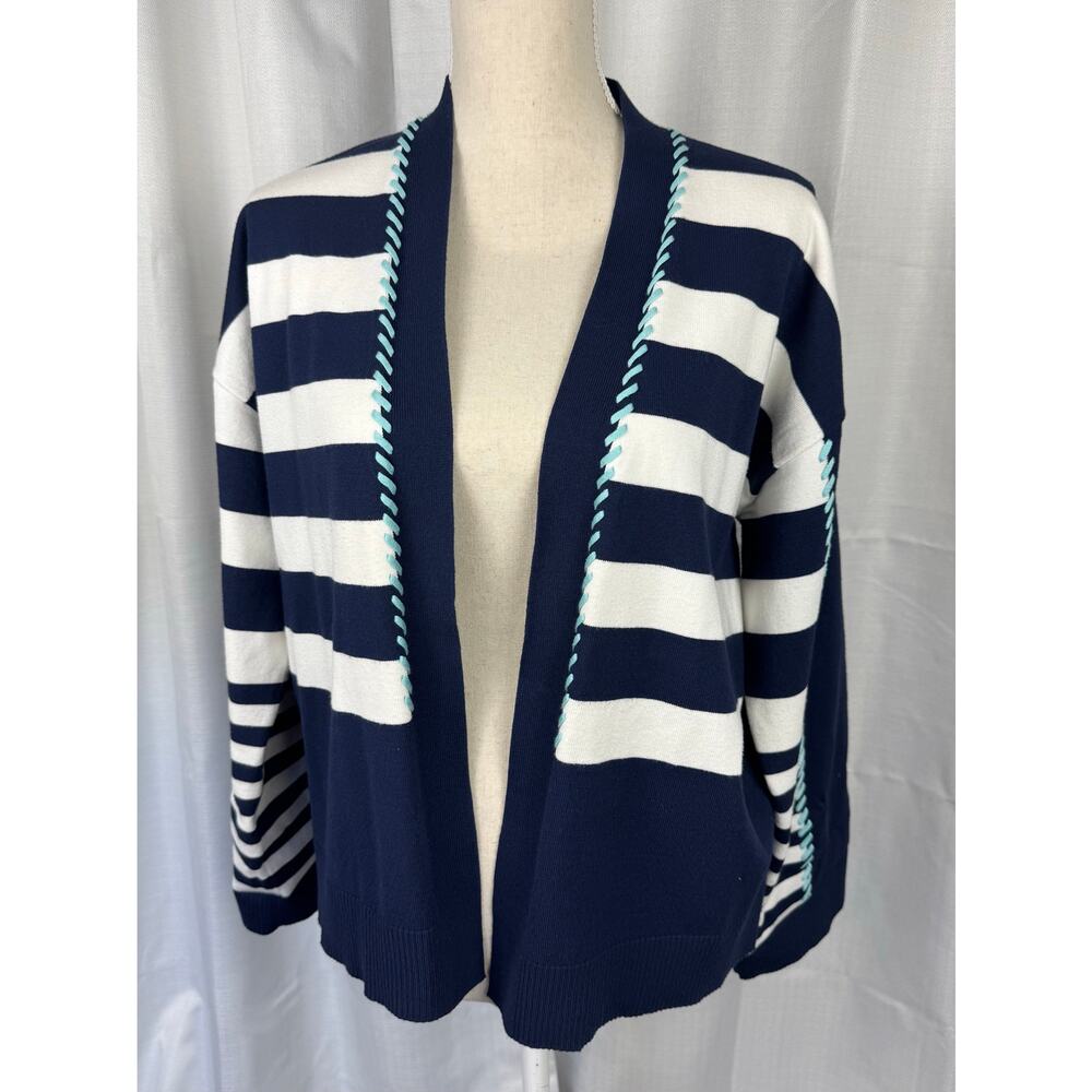 Chico's Striped Cardigan Sweater M Nautical Coastal Grandma Open Front - Picture 2 of 7